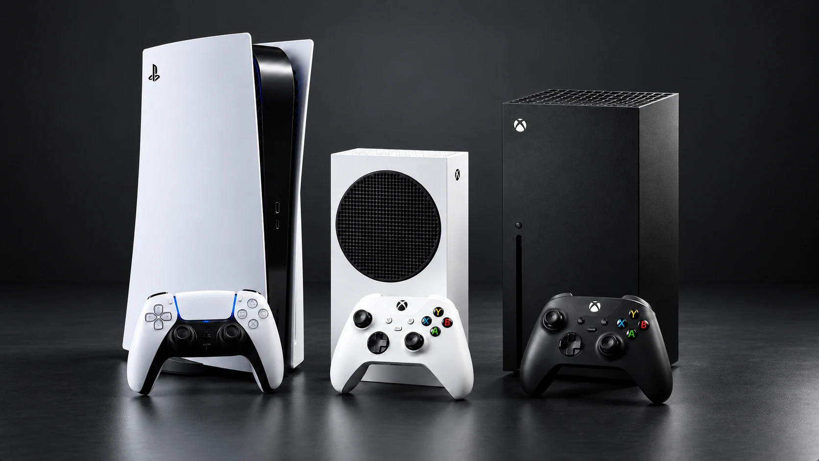 Ilustración de una PS5, una Xbox Series S y una Xbox Series X sobre un fondo negro
